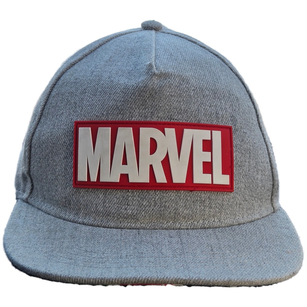 Marvel Avengers Snapback Hat Gray Flat Brim Cap Red Logo Patch Adjustable OSFM